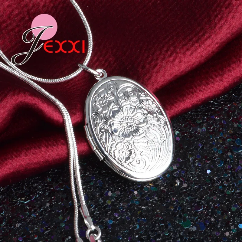 Elegant Retro 925 Sterling Silver Necklace Round Open Locket Pendant Necklaces Photo Women Collar Jewelry