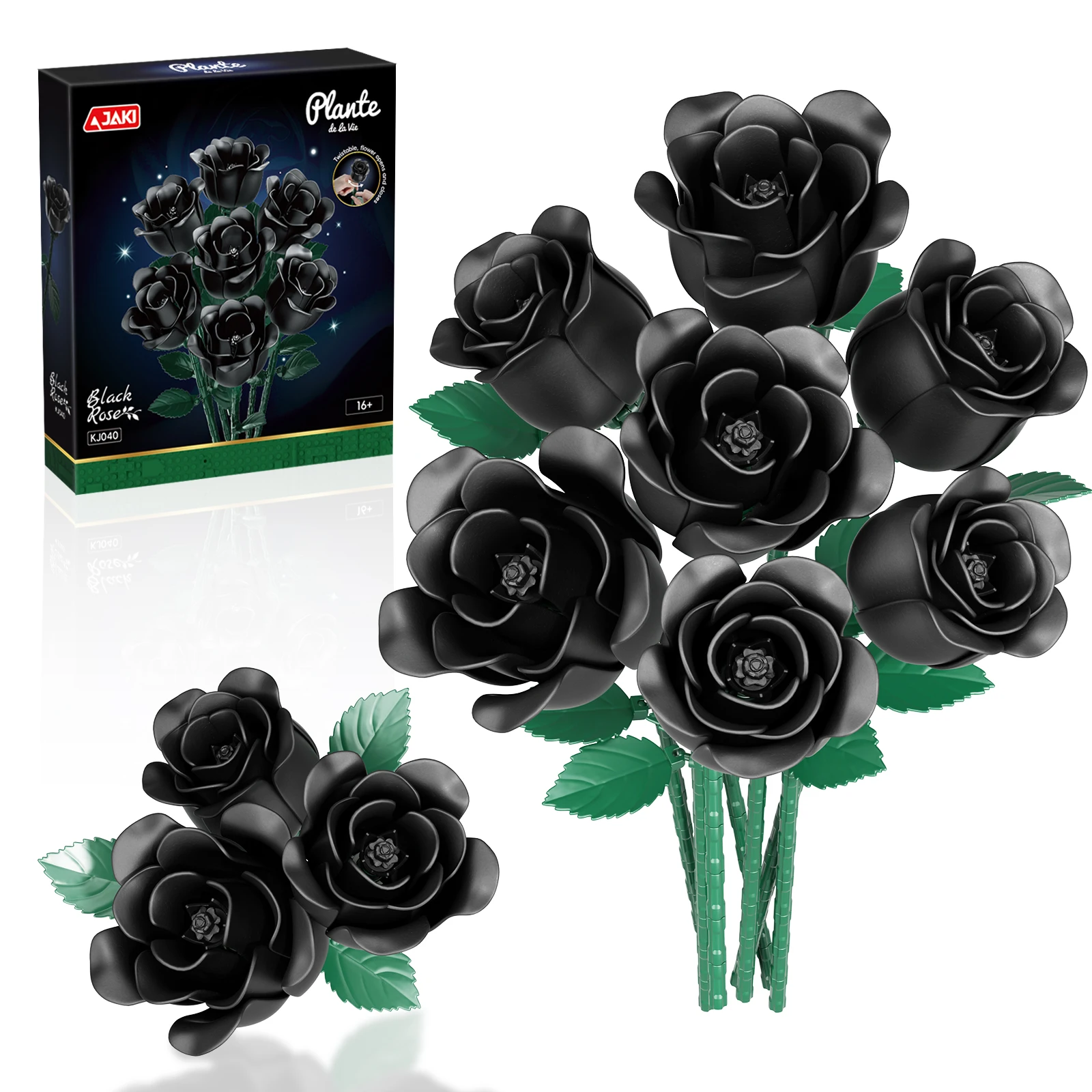 JAKI 7Stem Black Rose Building Blocks Set Gothic Flower Bouquet Adjustable Flower Heads Home Decor Gift for Adults and Teens