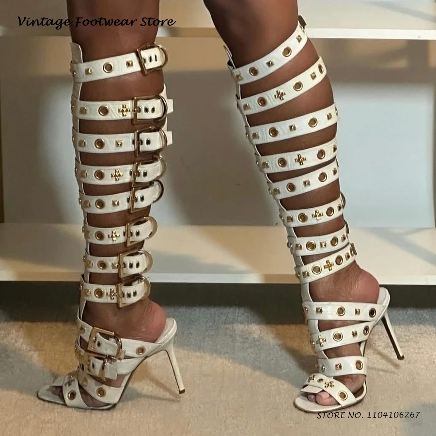 

Buckle Embellished Gladiator Sandals Vintage Square Open Toe Thin Heels Plus Size Shoes Women's Summer Street Style Stilettos