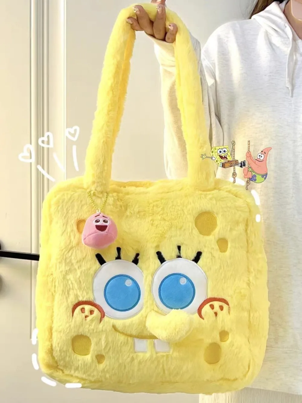 Pluche SpongeBob Schoudertas Grote Capaciteit Handheld Boodschappentas Leuke Anime Cartoon Studententas Meisje Verjaardagscadeaus Speelgoed