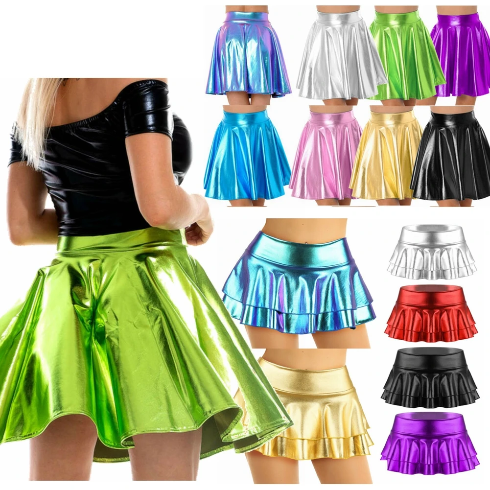 Vrouwen Wetlook Rok Korte Mini Rok Shiny Metallic Geplooide Rok Hoge Taille Flare Rok Dance Party Rave Club Bar kostuum
