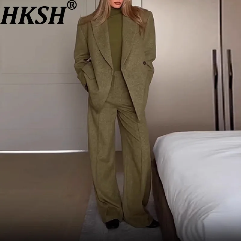 

HKSH Spring Autumn New Women Suit Set Two-piece Solid Color Single Button Blazer Straight Pants Office Lady Elegant Tide HK12905