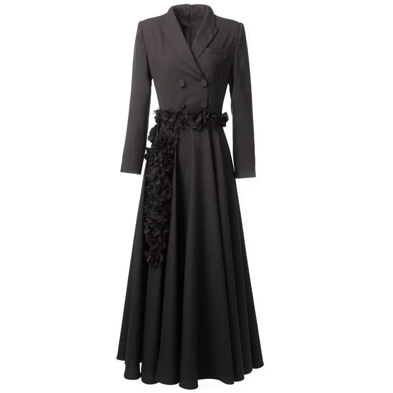

Meyyithun Women's Dress Turn-down Collar Double-breasted Three-dimensional Flower Long-sleeved Fitted Waist Black Dress Long