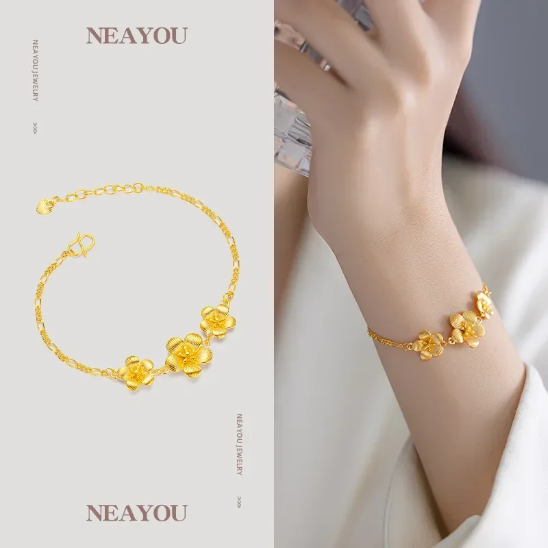 

9999 Real Gold 24K Yellow Gold High-grade Peach Blossom Spring Bracelet Flower Gold Bracelets for Women Holiday Gift