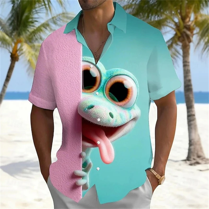 Cute Cartoon Lizard Parrot Dogs Shirt Casual Short Sleeve Button Down Shirts Lightweight Breathable For Streetwear Daily Shirts