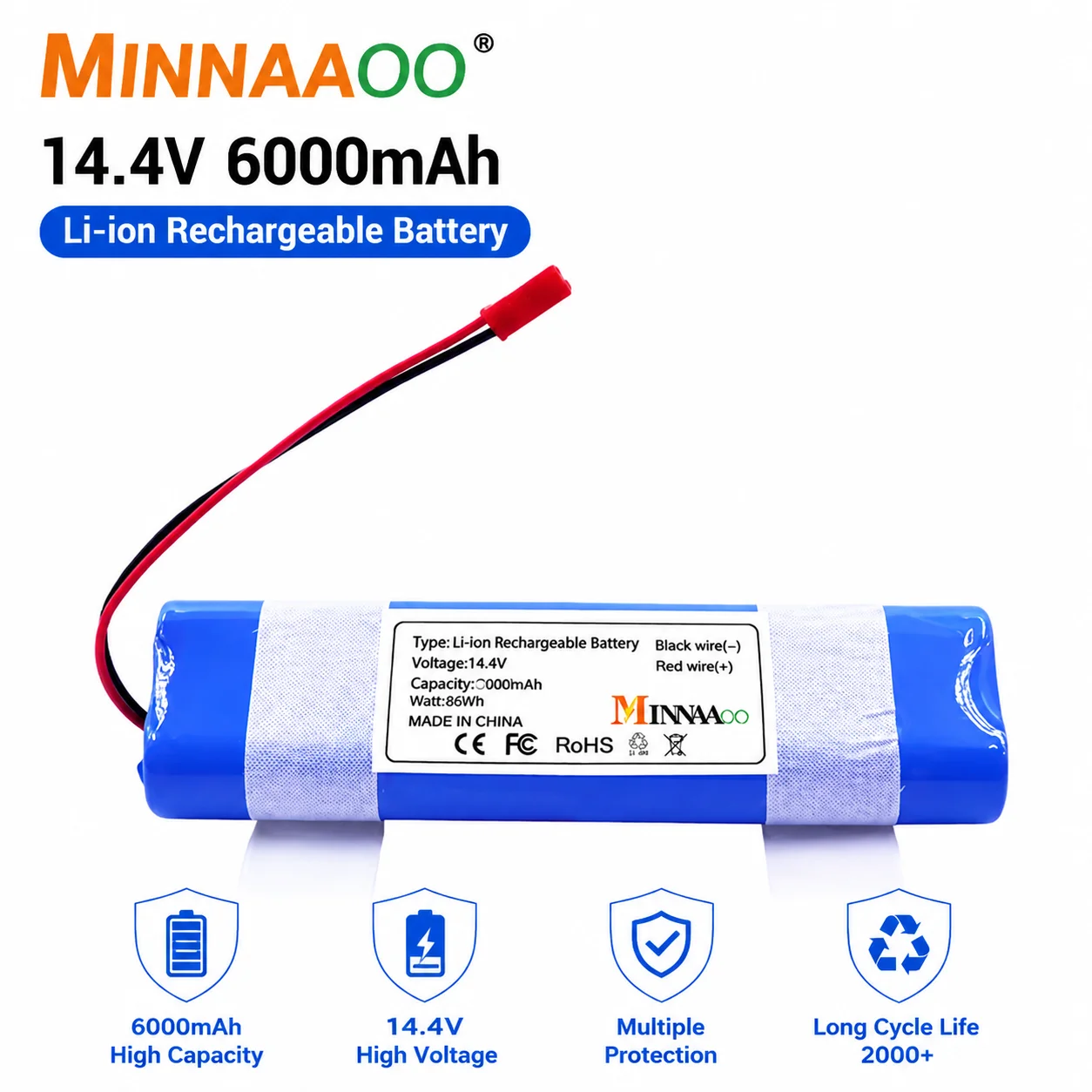 14.4V 12800mAh Li-ion Rechargeable Battery High Capacity Long Cycle Life Multiple Protection Replacement Battery Pack