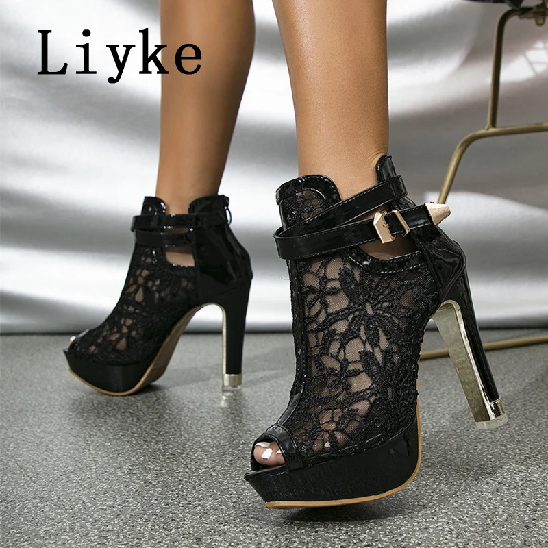 Liyke New Style Flowers Mesh Ankle Boots Sandals Women Sexy Peep Toe Dance Shoes Fashion Buckle Strap Platform High Heels Black