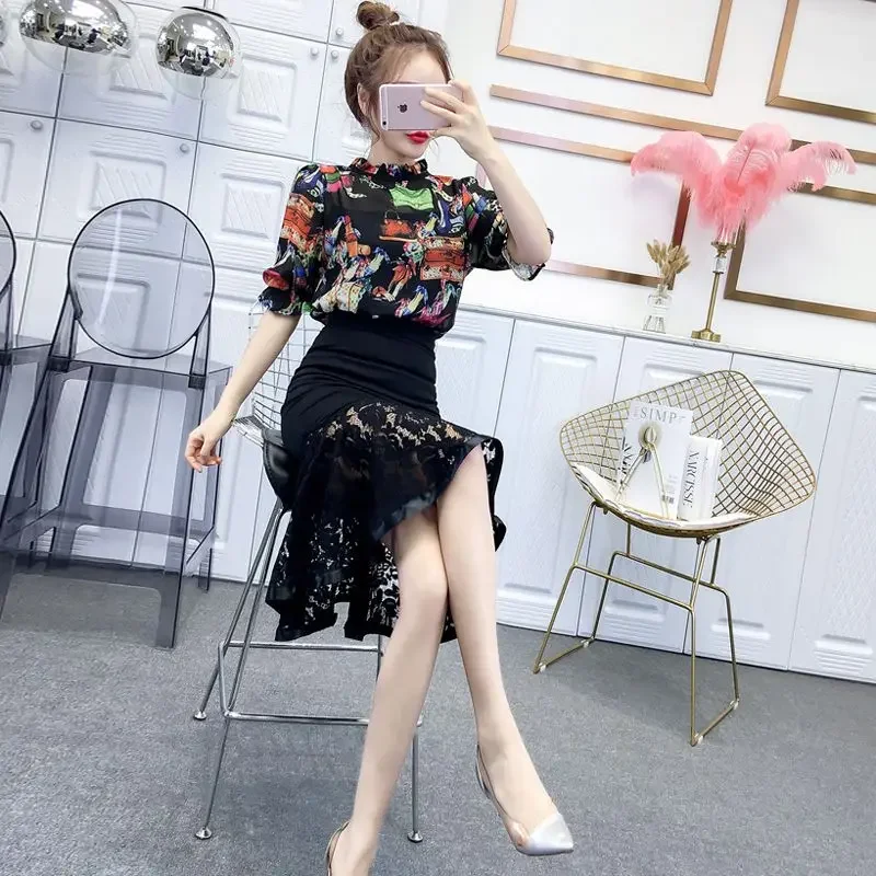 Short Sleeve Lace Sexy Ruffles Lightly Cooked Skirt 2 Pieces Sets for Women Mini Party Woman Outfit Full Matching Formal Event