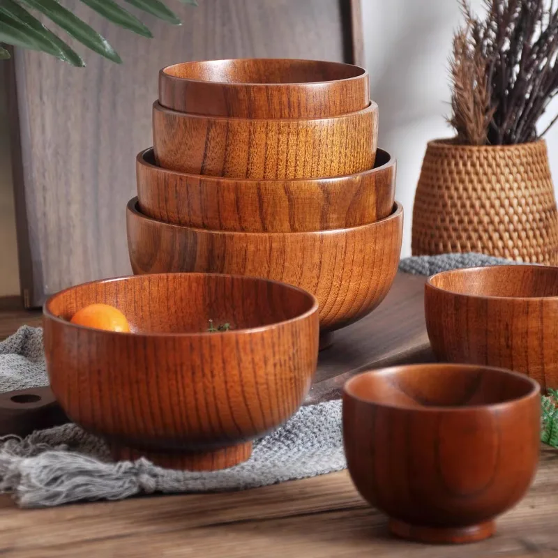 Japanese Wooden Bowls Children Drop-proof Solid Wood Large Noodle Salad Ramen Bowl Vintage Household Dining Room Tableware