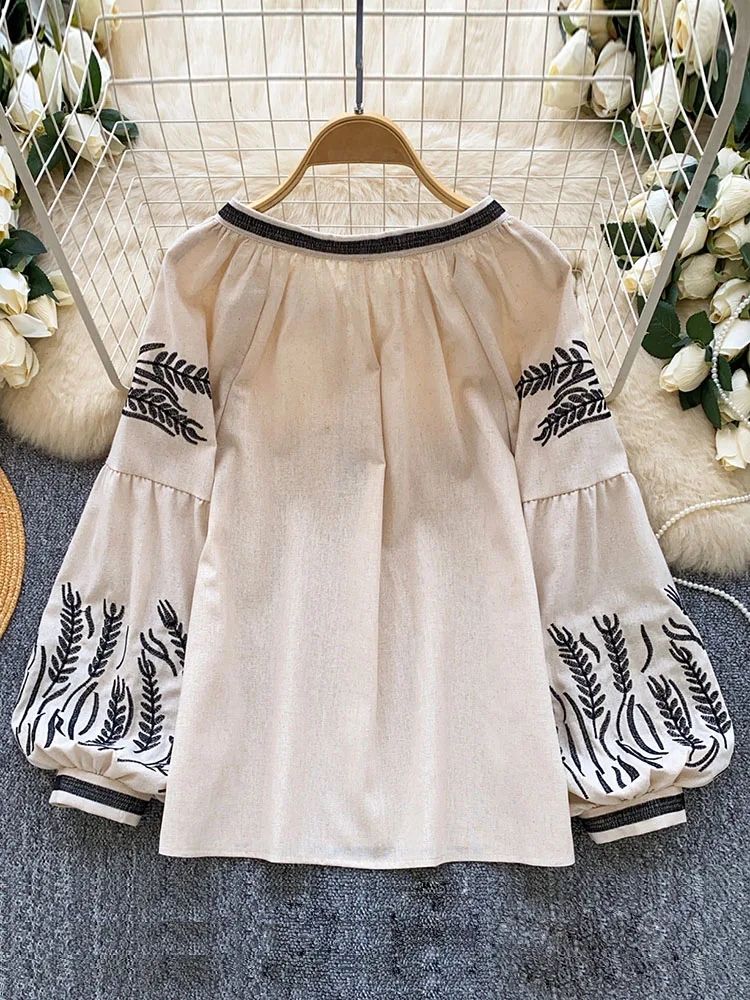 Women Bohemian-style Blouse Embroidered Lantern Sleeve Loose Early Spring Shirt Relaxed Fit Flattering Vintage-Design Top BL330 view 2