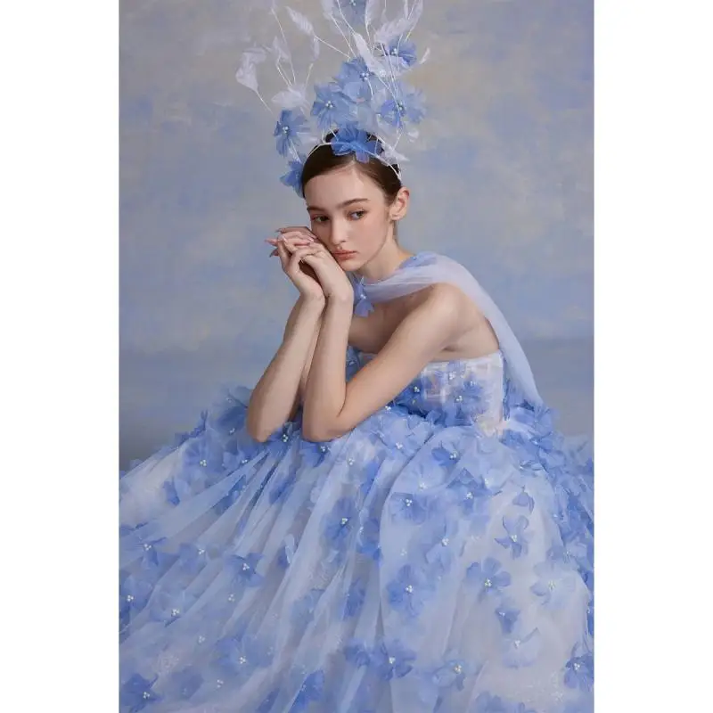 Strapless Blue Wedding Dress Evening Gown High-end Heavy Industry Floral Long Dress Adult Gift Princess Fluffy Skirt Customized