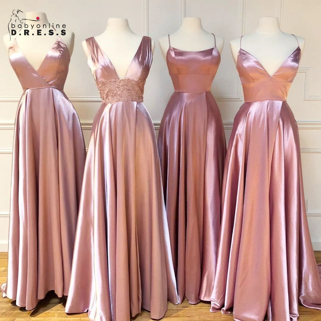 Gaun Prom BABYONLINE Gaun Satin A-line dengan Renda Bertali Belakang dan Rok Tinggi Celah Gaun Pengiring Pengantin Pernikahan Panjang Selantai