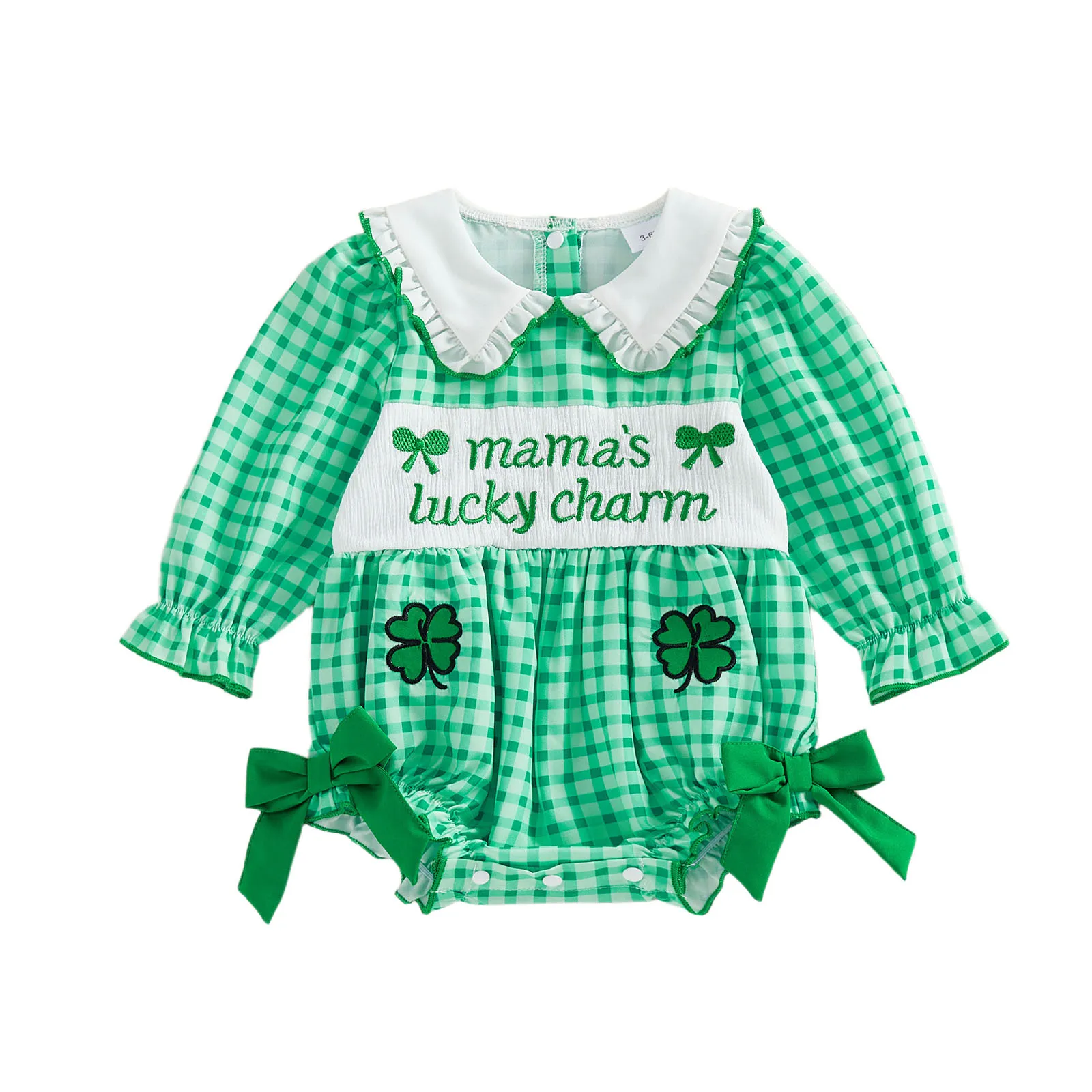 

Весенние комбинезоны для маленьких девочек, кукольный воротник с длинными рукавами, клевер, буквы, вышивка, клетчатый комбинезон с пузырьками