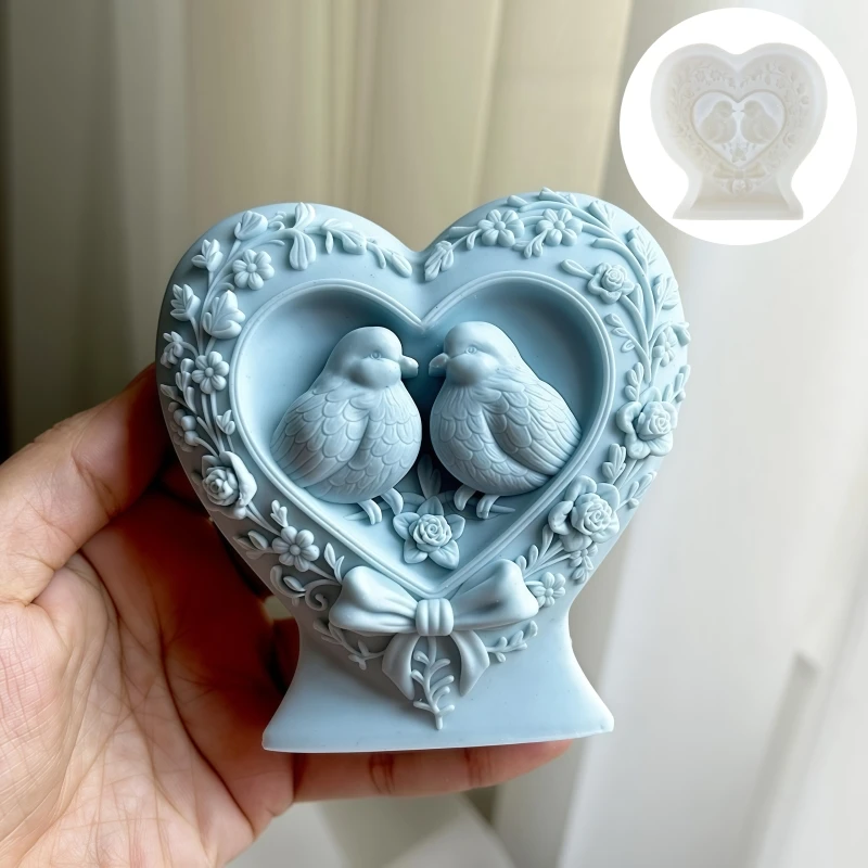 Bird Couple Relief Heart Candle Silicone Mold Valentine's Day Gift Love Bird Similar Pattern Resin Mould Bow Flower Gypsum Molds