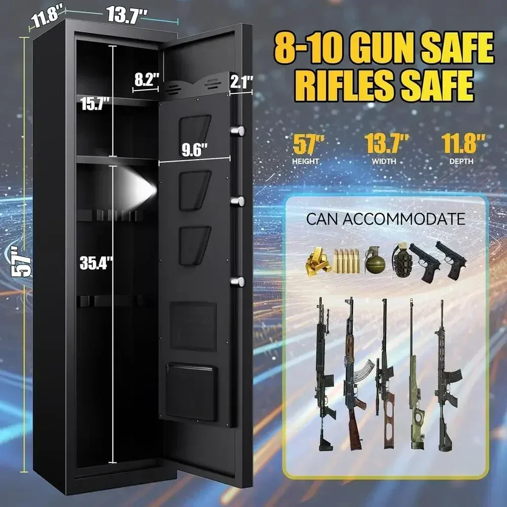 Long Biometric Gun Safe with Adjustable Shelves, LED Light, 12D x 14W x 57H