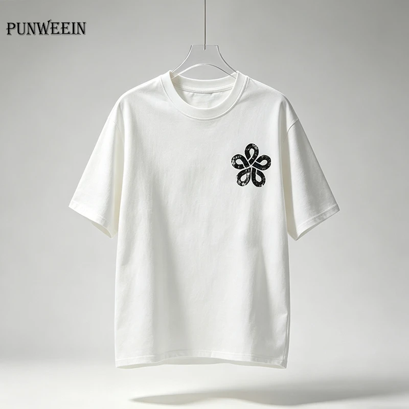 Unisex Retro Four Leaf Clover Print T-shirt Large Sized Loose Short-Sleeved Casual Y2K Simple Street Style Cotton Pullover Tops