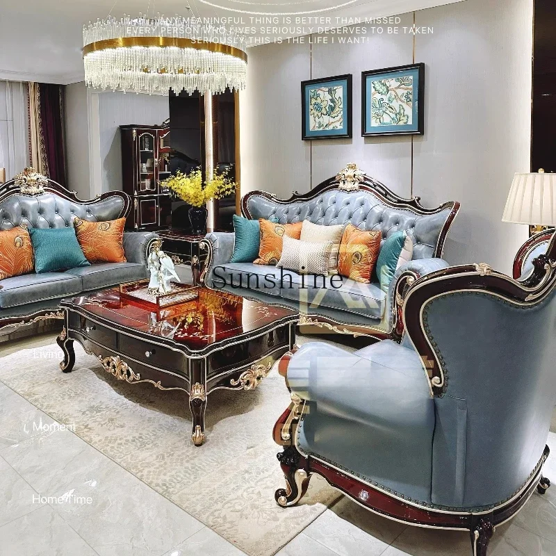 

French neoclassical solid wood luxury living room small apartment mansion villa leather piano paint sofa FT
