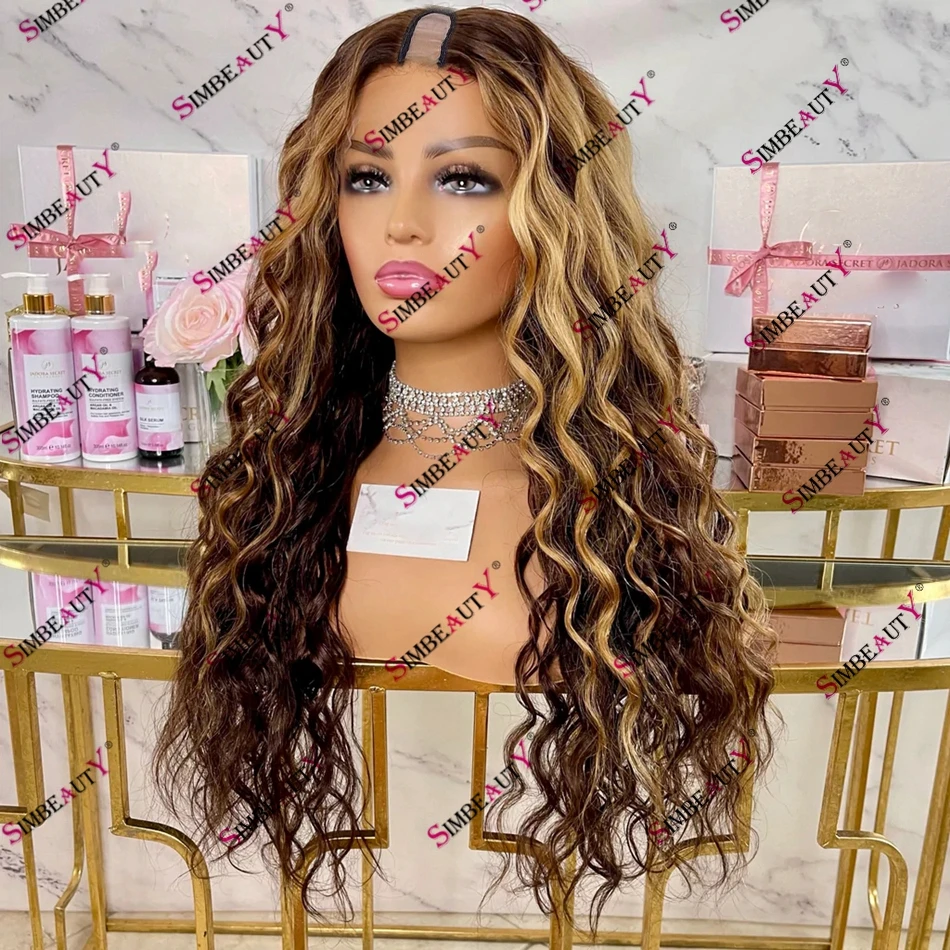 

4/27 Honey Blonde Loose Curly Human Hair Machine Made Cheap Price Wig for Black Women 1x4 V Part Wig with Clips 180 Density Remy