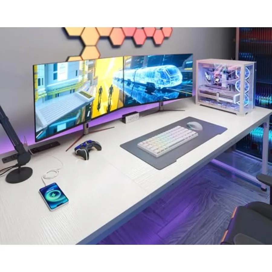 مكتب كمبيوتر مقاس 71 بوصة مع منافذ USB للمكاتب الكبيرة ومساحات الدراسة ومكتب كتابة طويل للطلاب باللون الأبيض بتصميم حديث #5