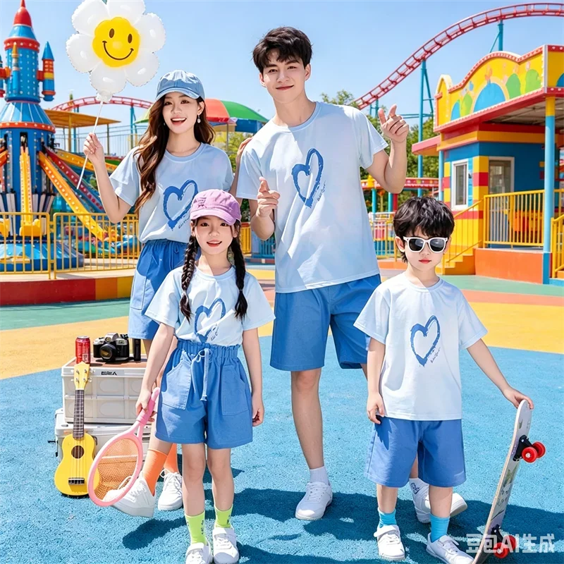 Family Matching Outfit Heart Print T Shirt Denim Shorts Mother Daughter Father Son Couple Camping Daily Parent Child Outfit