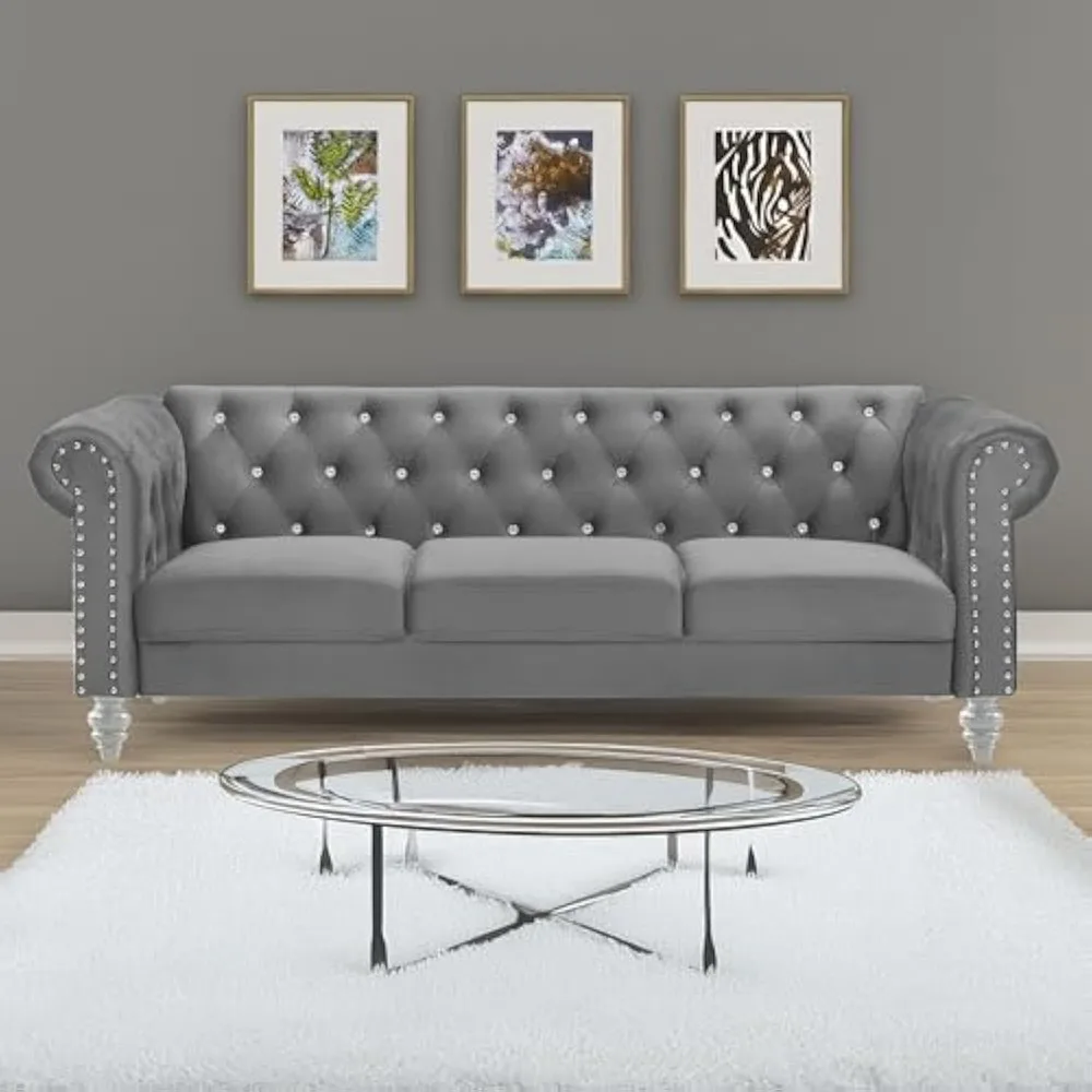 Glam Emma Velvet Three Seater Chesterfield Style Sofa for Small Spaces with Crystal Button Tufts, Gray