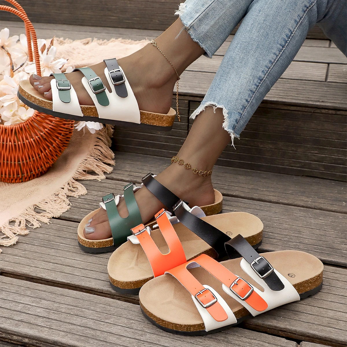

Women Shoes Slippers 2026 New Women Double Sandals Cork Buckle Suede Outdoor Beach Casual Soft Non Slip Slippers Slide Women