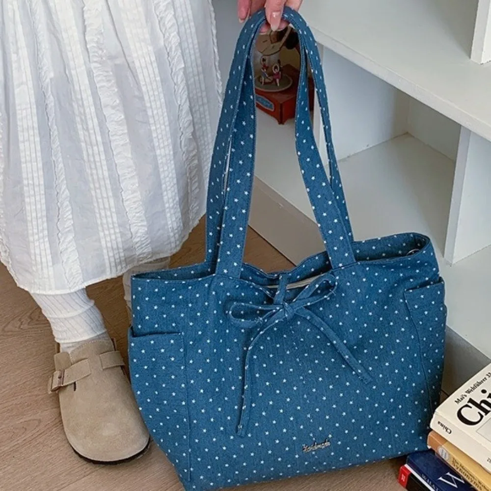 Retro Korean Style Polka Dot Shoulder Bag Casual Large Capacity Bow Tote Bag Canvas Star Element Women Handbag Women