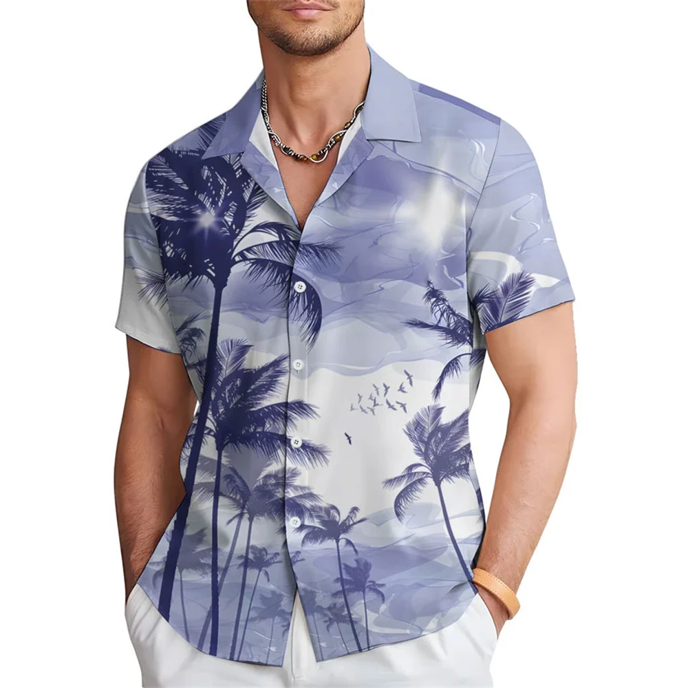 Hawaiian Summer Men's Shirt Coconut Gradient Tropical Plant Button Shirt Hawaiian Short Sleeve Shirt Beach Clothing Lapel Shirt