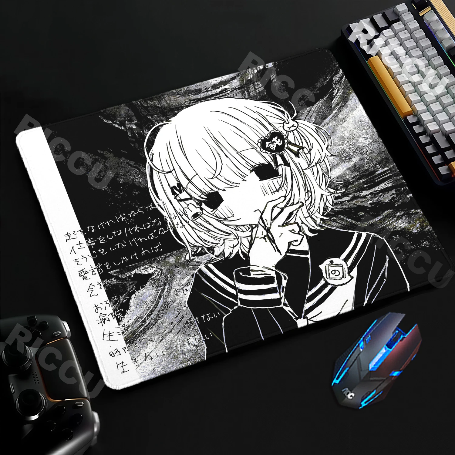 Alfombrilla de Ratón con Diseño de Chicas Anime, Estilo Landmine, Color Negro y Blanco, para Escritorio, Accesorios de Computadora, Alfombrilla Pequeña para Teclado y Ratón de Oficina