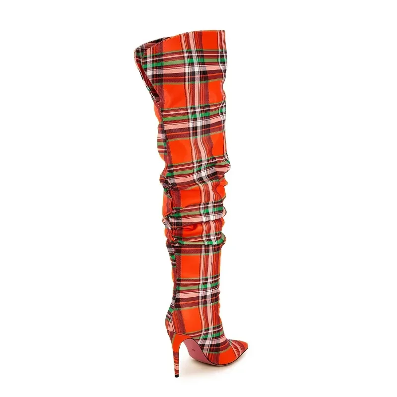 2024 Autumn and Winter New Fashionable High-heeled Plaid Fabric Knee High Boots for European and American Women\'s Fashion Shows