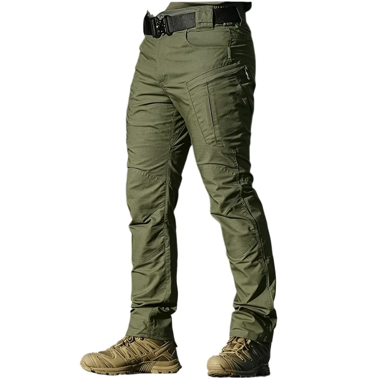 Durable Army Green Ripstop Tactical Work Pants for Men Multi Zipper Cargo Pockets with Matching Belt Outdoor Trekking Straight