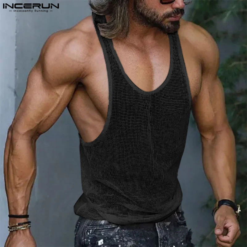 INCERUN Men Tank Tops Mesh Transparent O-neck Sleeveless Sexy Vests Streetwear Summer Breathable 2023 Fashion Men Clothing S-5XL