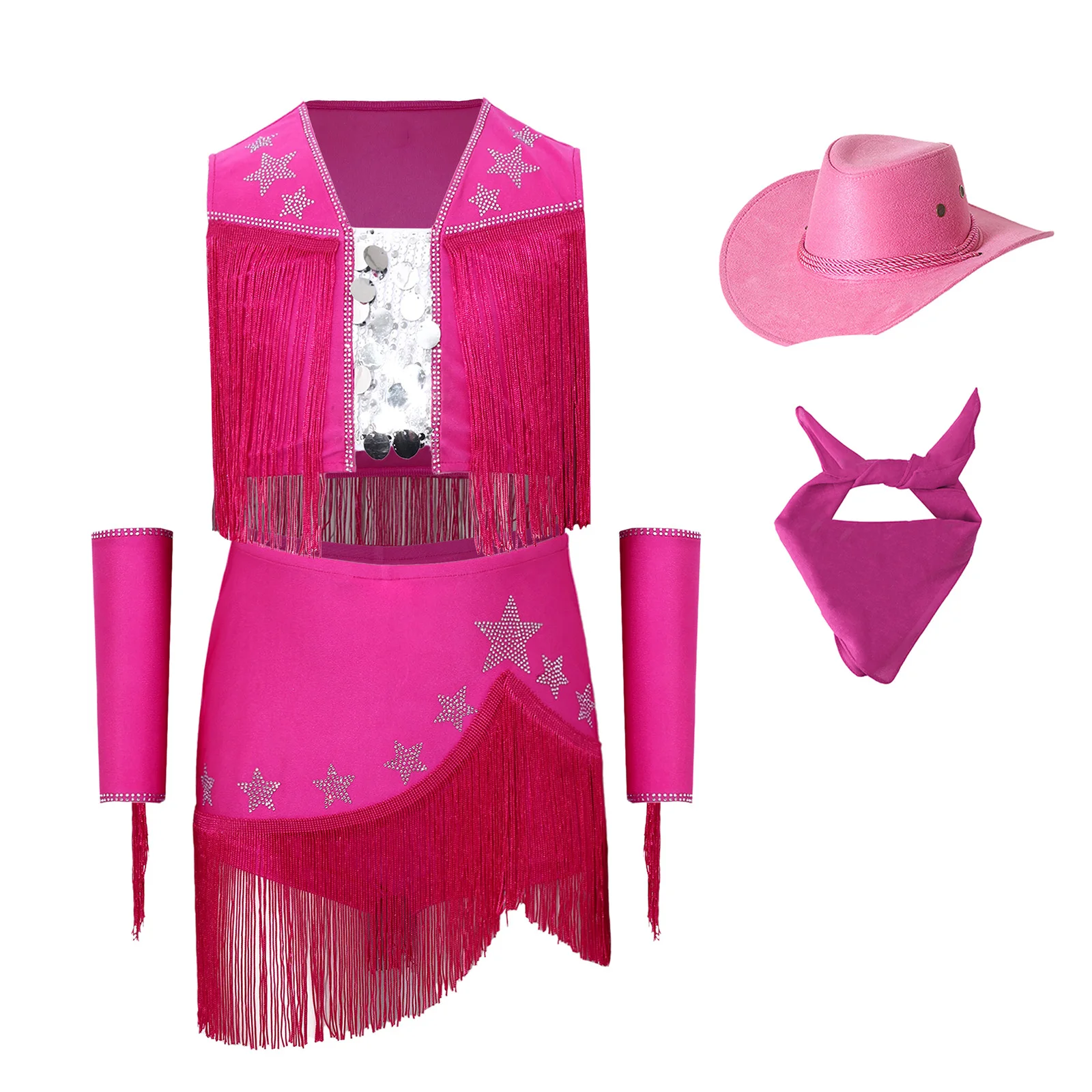 Teen Girls Halloween Western Cowgirl Costume Tassel Crop Vest Tops with Skirt Gloves Hat Kerchief Jazz Dance Performance Outfit view 3