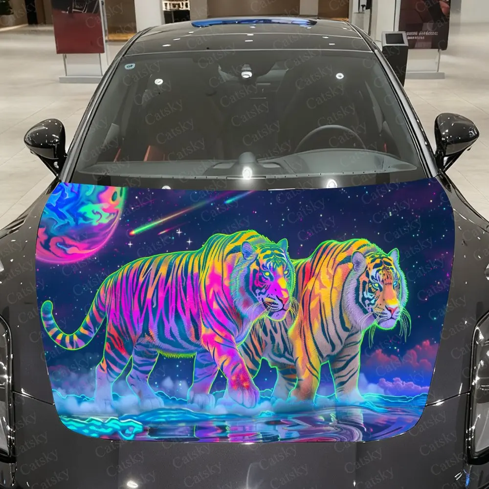 Adesivos românticos para capô de carro, par de tigre neon - envoltório de vinil autoadesivo, à prova d'água e durável, decorar e proteger seu carro - T