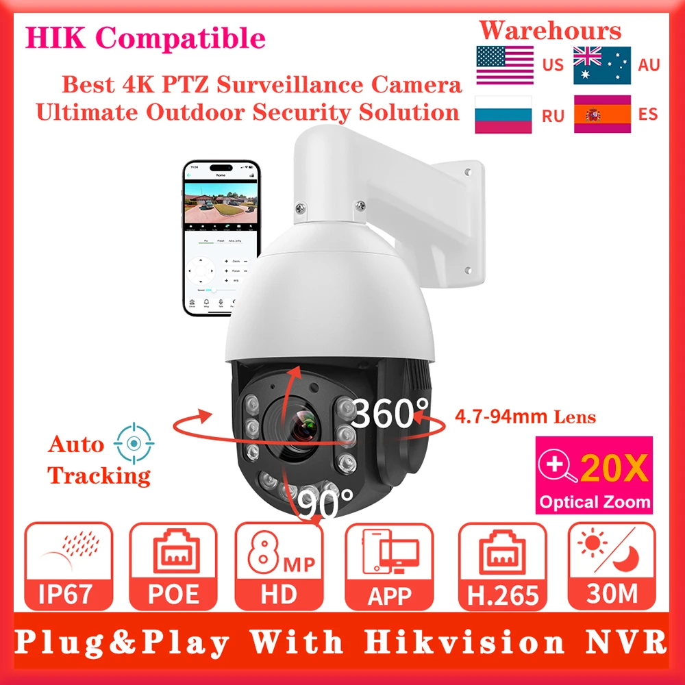 Hikvision Compatible 6MP 8MP 4.7-94MM 20X Optical Zoom PoE PTZ Camera Speed Dome Auto Track Human Vehicle 2-Way Audio Security