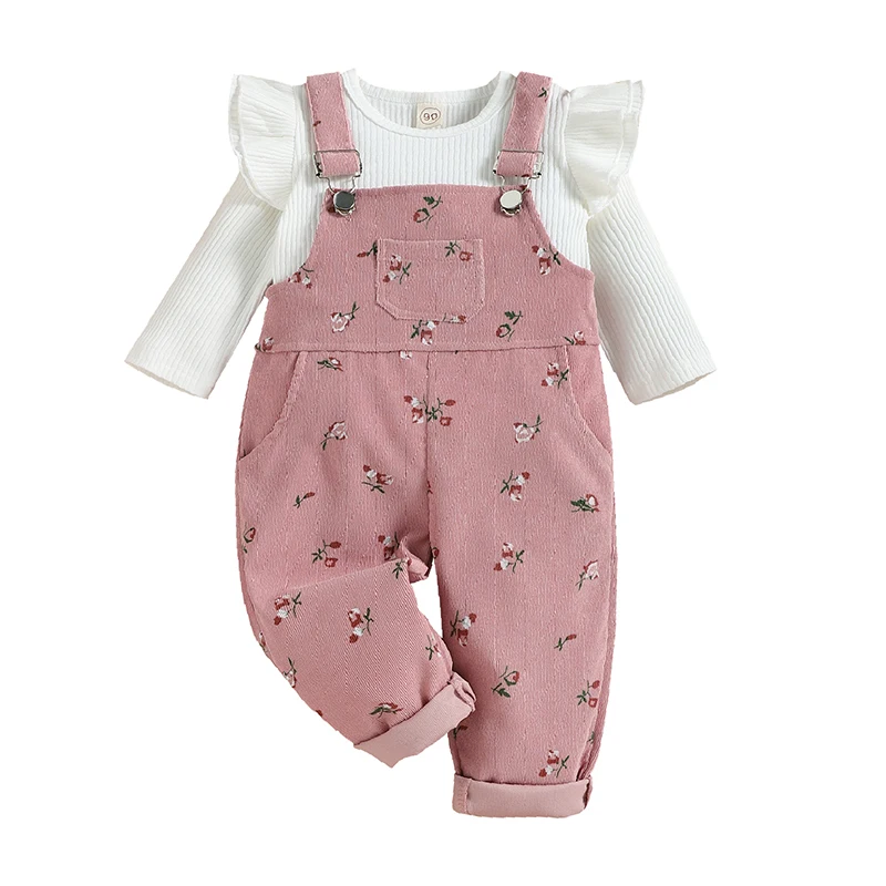 

2 Pieces Kids Suit Set, Solid Color O-Neck Long Sleeve Tops+ Floral Print Suspender Trousers for Girls, 6 Months-4 Years