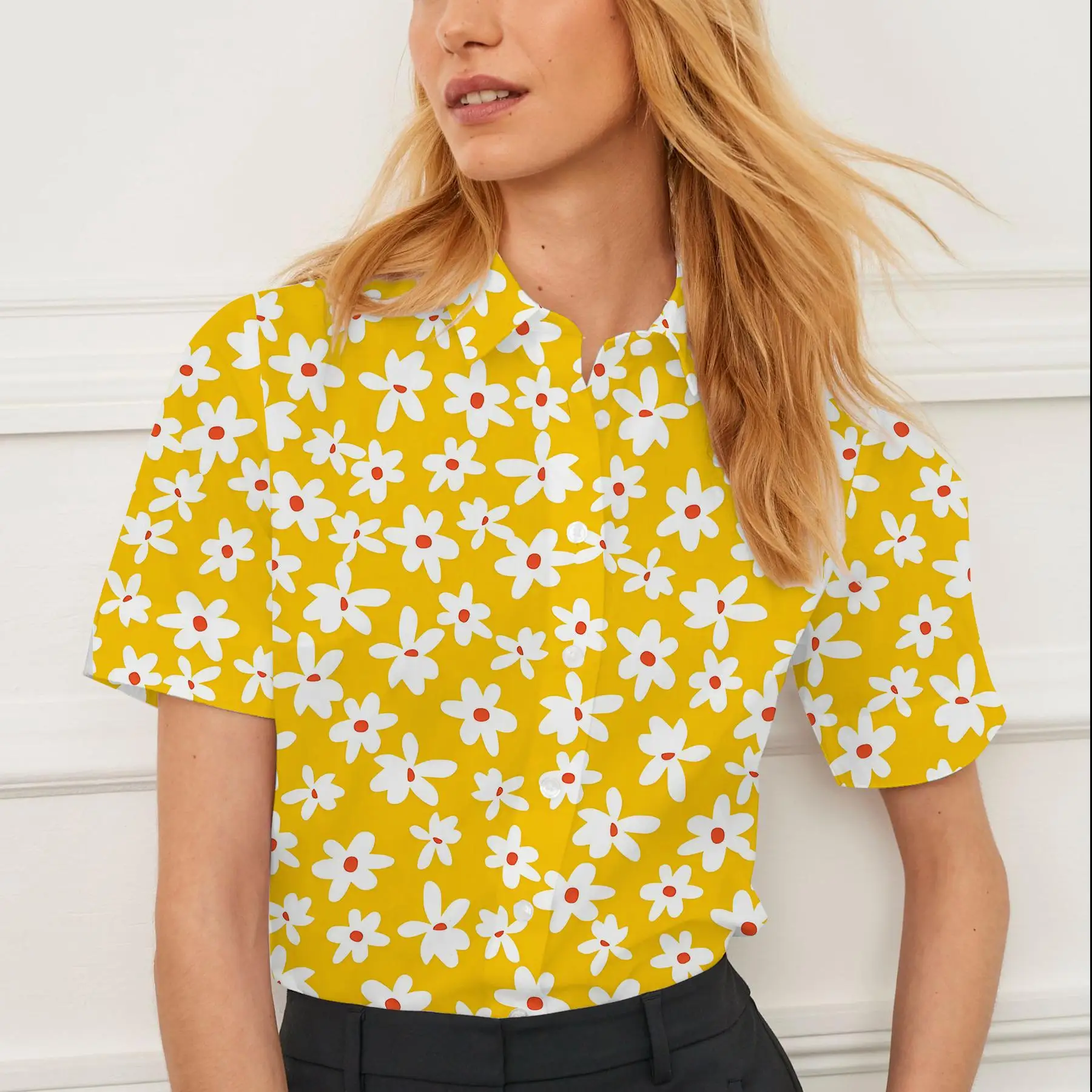 Рубашка с коротким рукавом, летняя женская одежда с лацканами, женские топы с принтом ромашки, модные повседневные дышащие индивидуальные топы