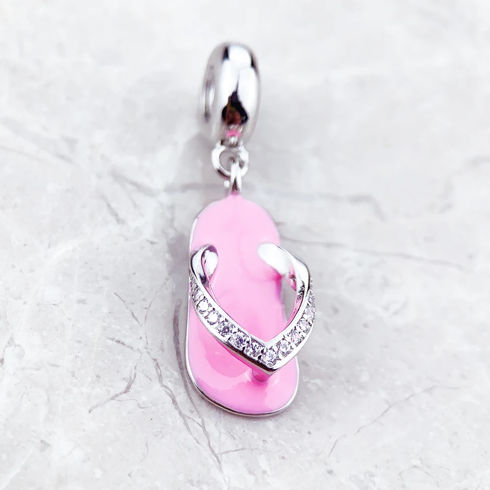 Dangle Charms Pendant Pink Flip Flops Slipper Winter Ethnic New 925 Sterling Silver