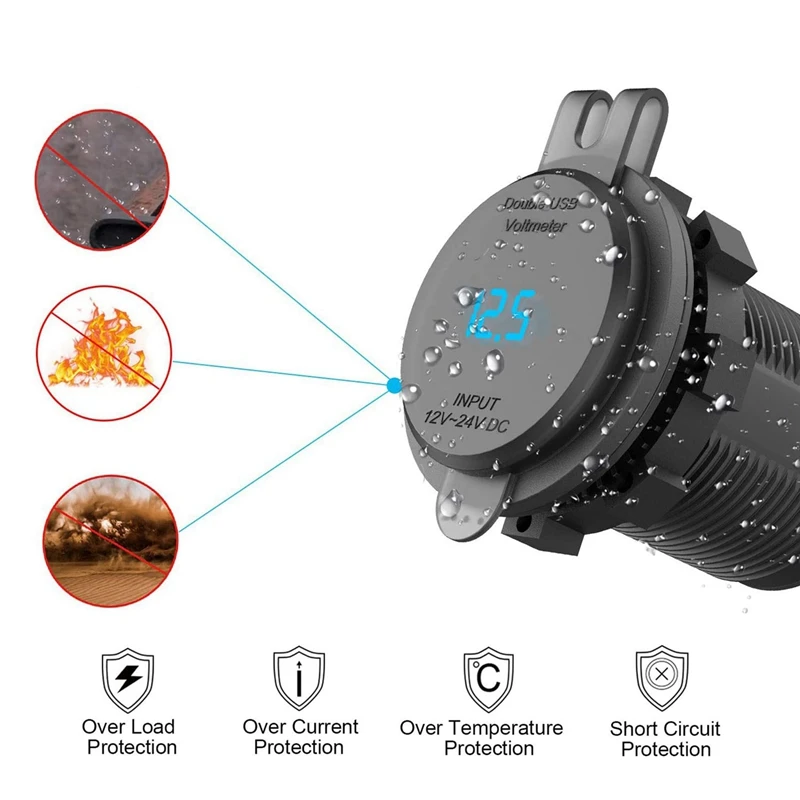 4X 12V USB Outlet, Quick Charge 3.0 Dual USB Car Charger With Contact Switch And Voltmeter For 12V/24V Motorcycle