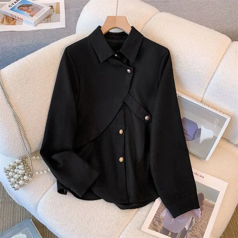 POLO Collar Irregular Shirt Design Sense Top Women's New Style Chic and Western-style Long Sleeved Inner Shirt