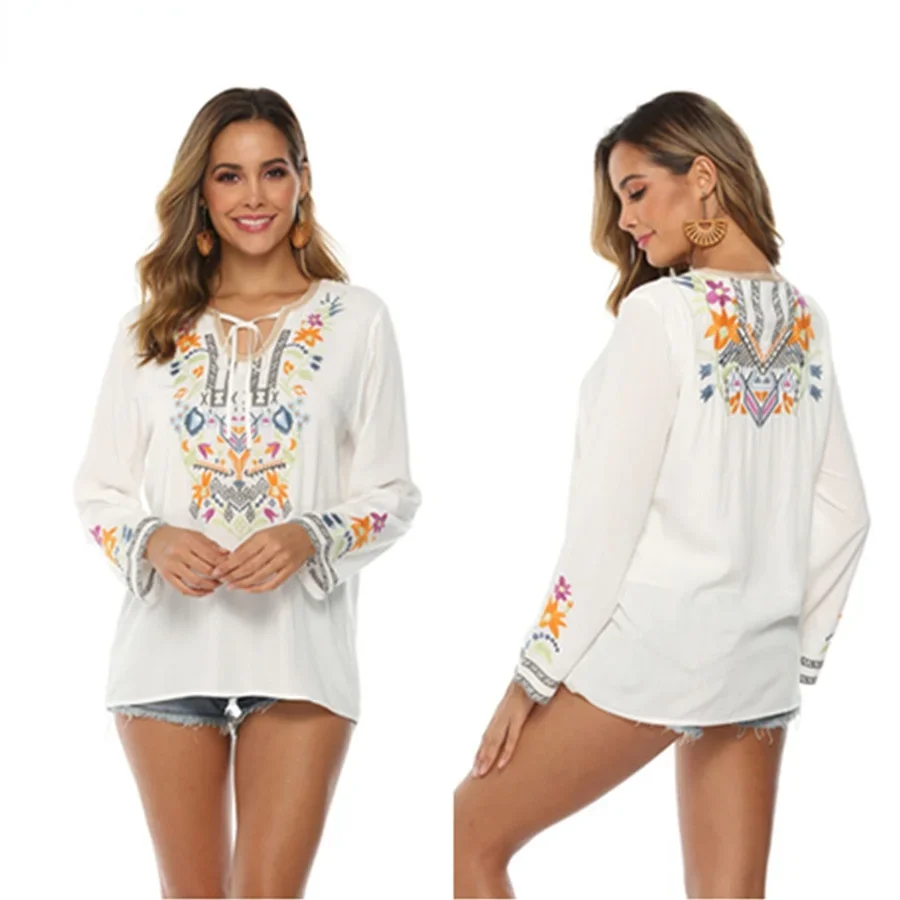 Le Luz White Floral Embroidery Blouse Shirt Women Cotton Boho Hippie Mexican Shirt Long Sleeve 23xl Ladies Ethnic Chic Shirt