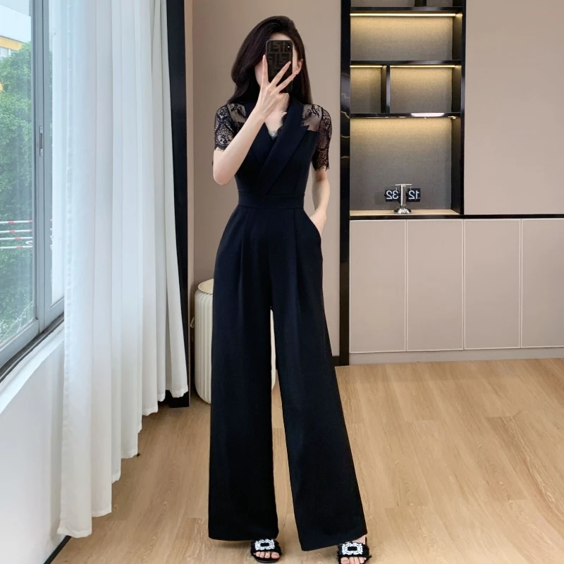 

Fashion Notched Collar Women Jumpsuits 2024 Summer Short Sleeve Wide Leg Overalls Casual Lace Patchwork Draped Rompers