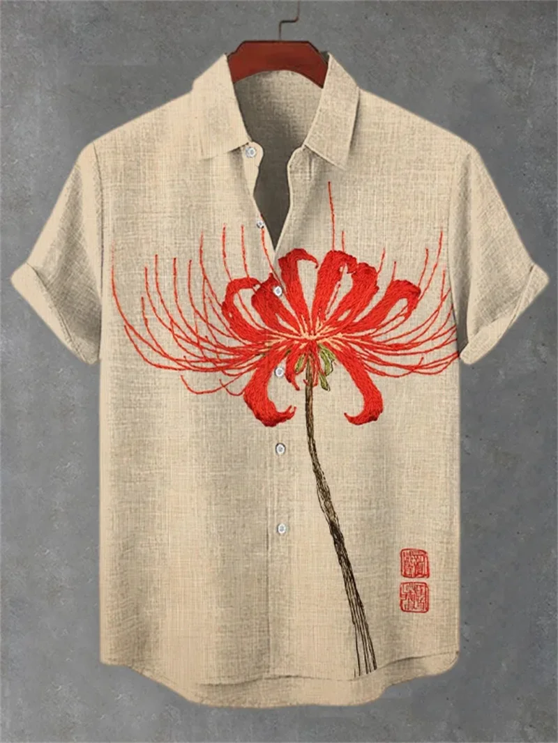 Men's Linen Henry Cat 3D Cherry Blossom Printed Shirt Summer Short-Sleeved Shirt Hawaiian Men's Fashionable Casual Top