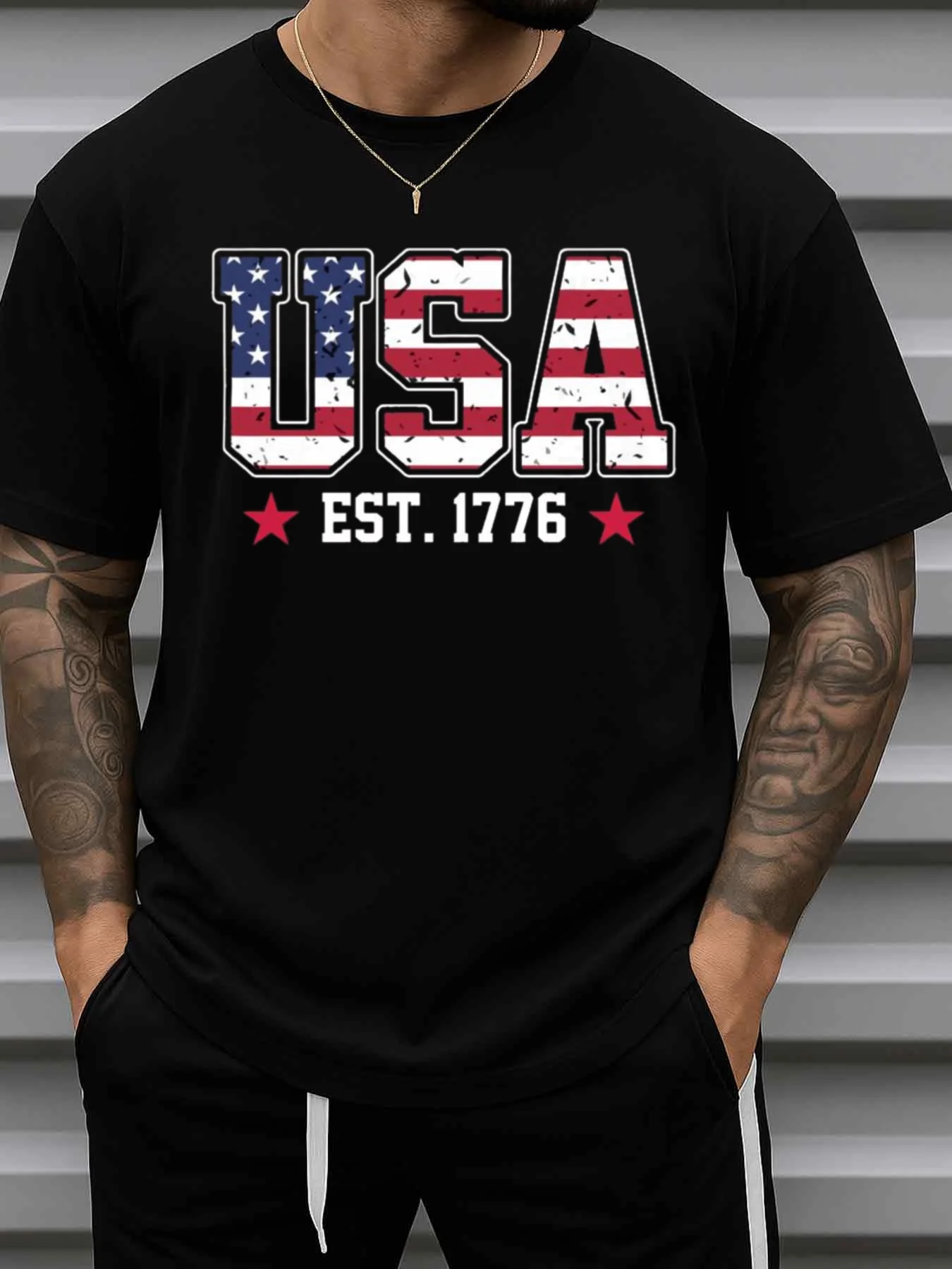 Men's American Pride 1776 Flag Print T-Shirt - Black Base Shirt with Usa Lettering and 1776 Independence Day Design, Suitable for July 4Th, Independence Day Celebrations, Casual Short-Sleeve Crew Neck T-Shirt, Casual Wear and Patriotic Clothing - Idea