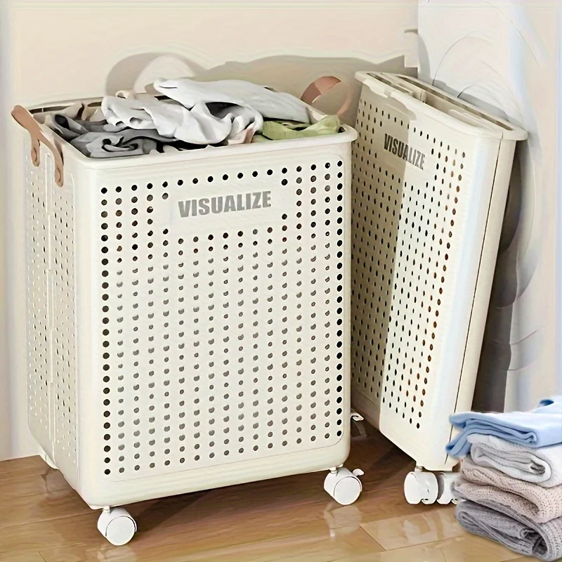 Rolling plastic foldable laundry basket storage box with wheel handle durable ventilated folding basket large capacity