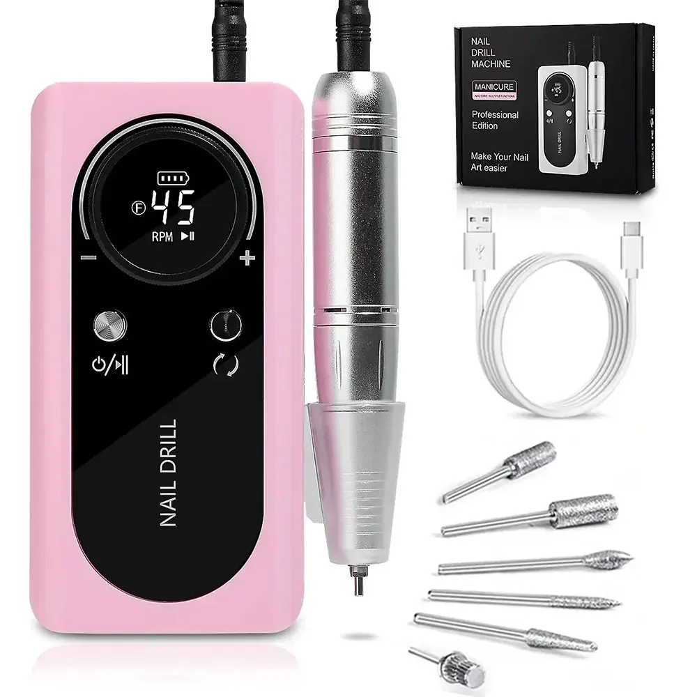 Electric Nail Drills Rechargeable 45000 RPM Nail Filer Machine With LCD Display 2 Rotations for Acrylic Nails Gel Nails Manicure