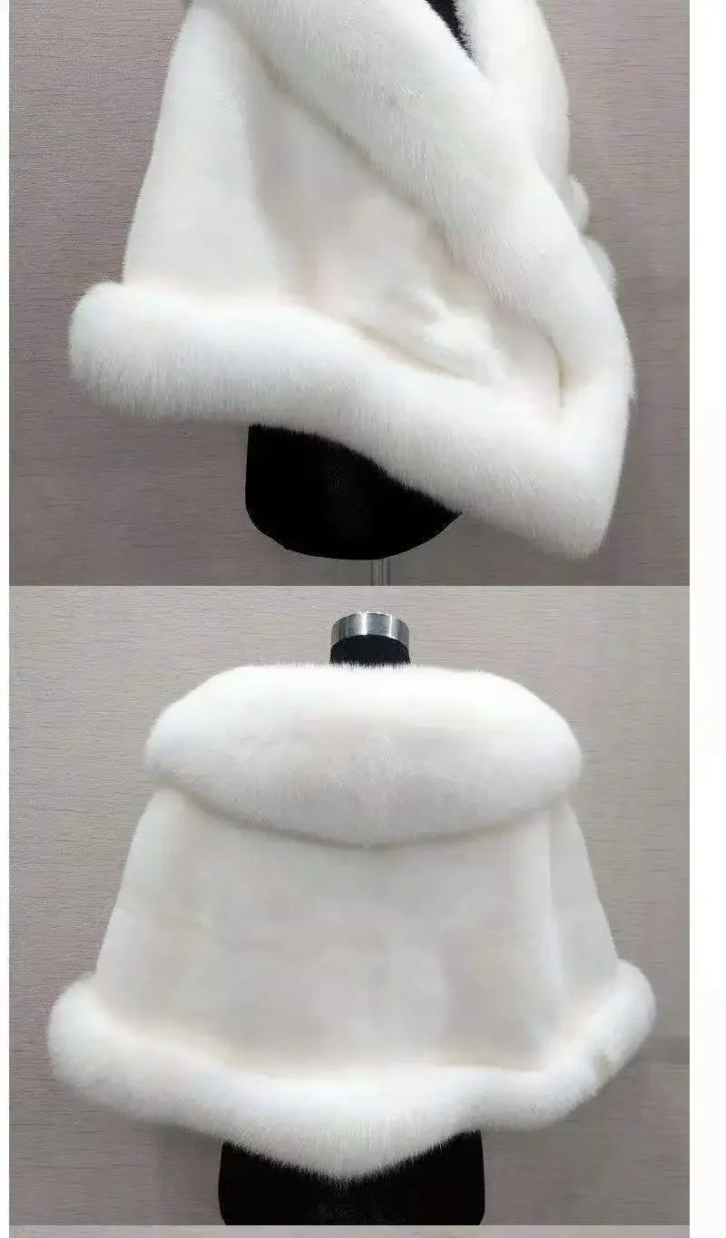 Women Faux Fur Fox Coats Shawl Cloak Coat Thick Open Stitch Elegant Maxi Warm Wedding Work Thick Outerwear Autumn Winter