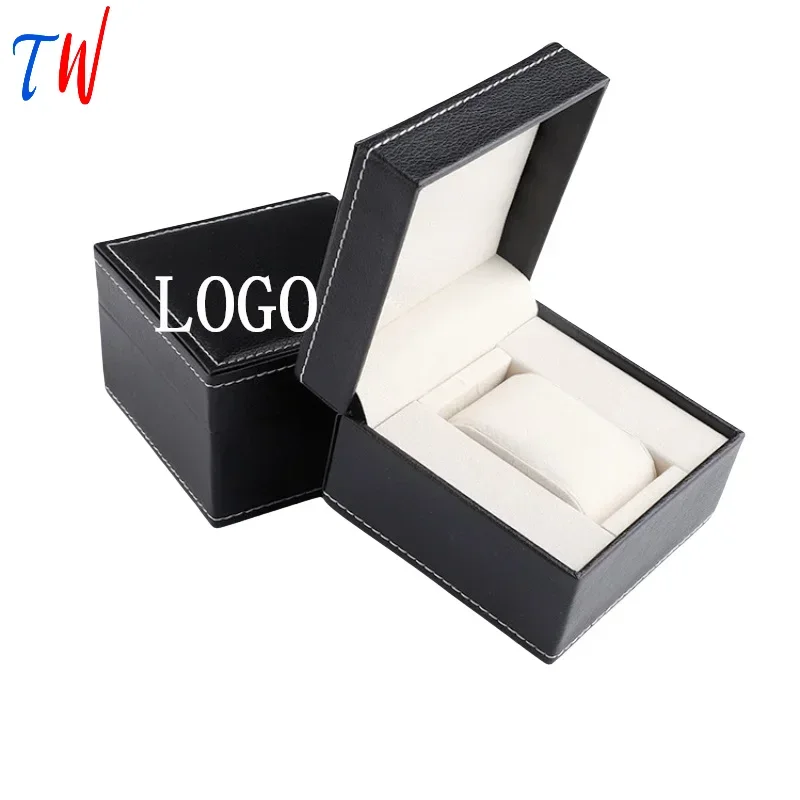 Bouble White Stitching Black Lychee Pattern Plush White PU Leather Flip Watch Case Box Customization Logo Watch Box Organizer