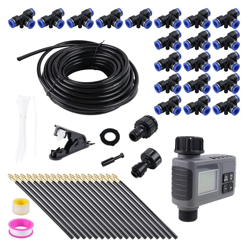 A93E-Smart Water Timer 60Ft Drip Irrigation System, Solid Brass Connectors, 360° Adjustable Nozzles, Bendable Tubing
