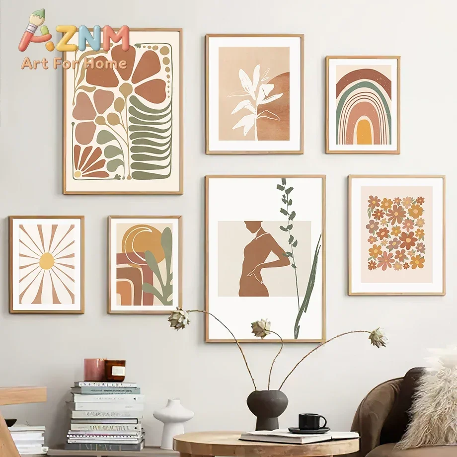 AZNM Frameless Canvas Wall Art Boho Abstract Floral Rainbow Female Body Line Art Neutral Tone Print Living Room Home Decor Poste